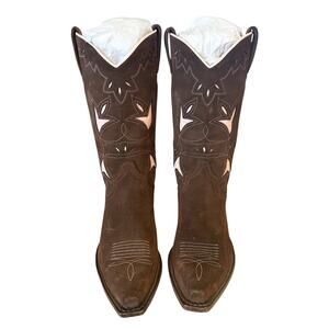 Frye Vintage Brown Leather Pink Leather Floral Cowgirl Boots